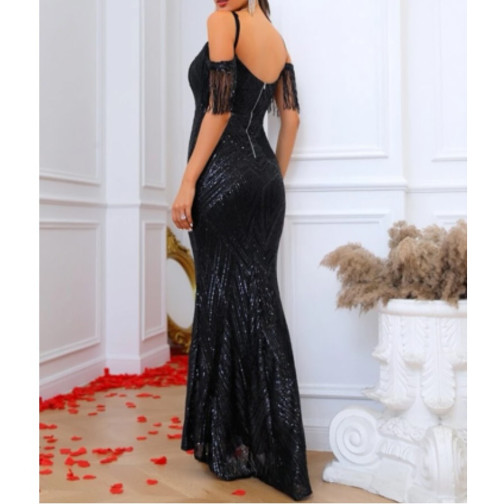 Luxe cold shoulder fringe hem party  wedding bridesmaid wedding mermaid dress - Picture 7 of 7